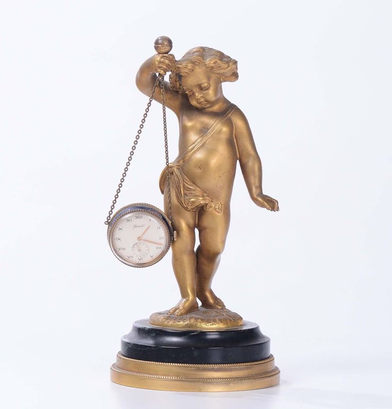 Scultura in bronzo dorato con putto reggi orologio, XIX secolo  - Auction Fine Art - Cambi Casa d'Aste