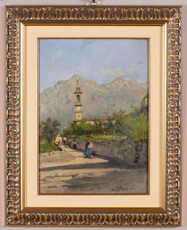 Emilio Borsa (1857-1931) Paesaggio con chiesa