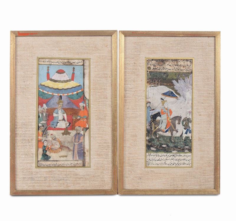 Due pagine miniate incorniciate con immagini di sovrano ed iscrizioni, Persia, XIX secolo  - Asta Arte Orientale - Asta Online - Cambi Casa d'Aste