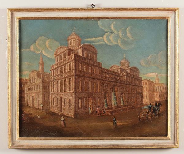 Scuola del XVIII secolo Coppia di dipinti con vedute di palazzi