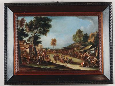 Domenico Olivero (1679-1755)coppia di Paesaggi con Scene di Genere