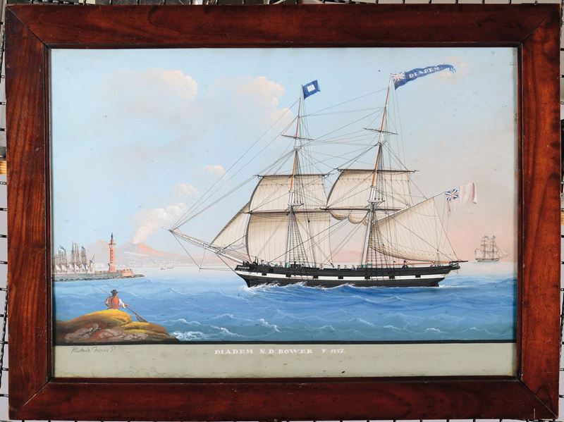 Michele Funno (attivo 1830-1865) Ritratto del brigantino Diadem in ingresso nel porto di Napoli  - Auction Maritime Art and Scientific Instruments - Cambi Casa d'Aste