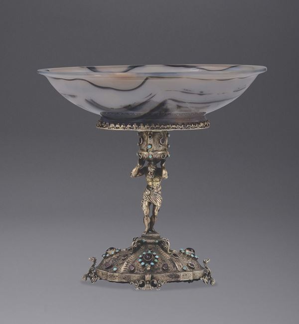 A pair of silver-gilt centerpieces and an agate bowl, Austria (?) late 19th century