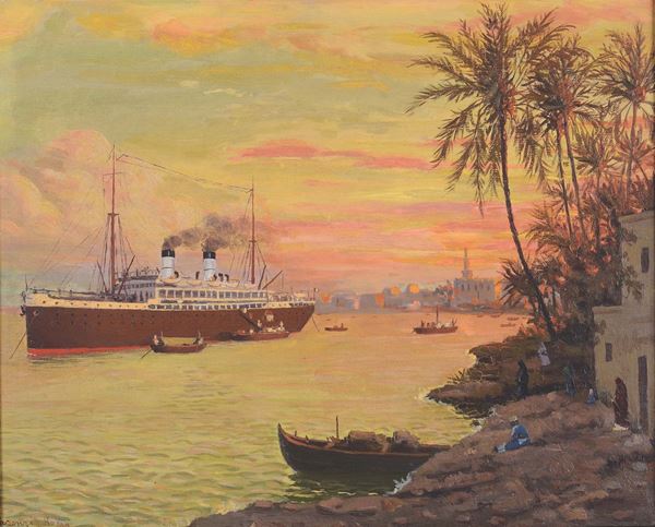 Laurenzio Laurenzi (1878-1946) Veduta di piroscafo in porto orientale