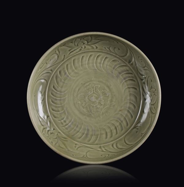 A Longquan Celadon dish with lotus flower, China, Yuan Dynasty (1279-1368)