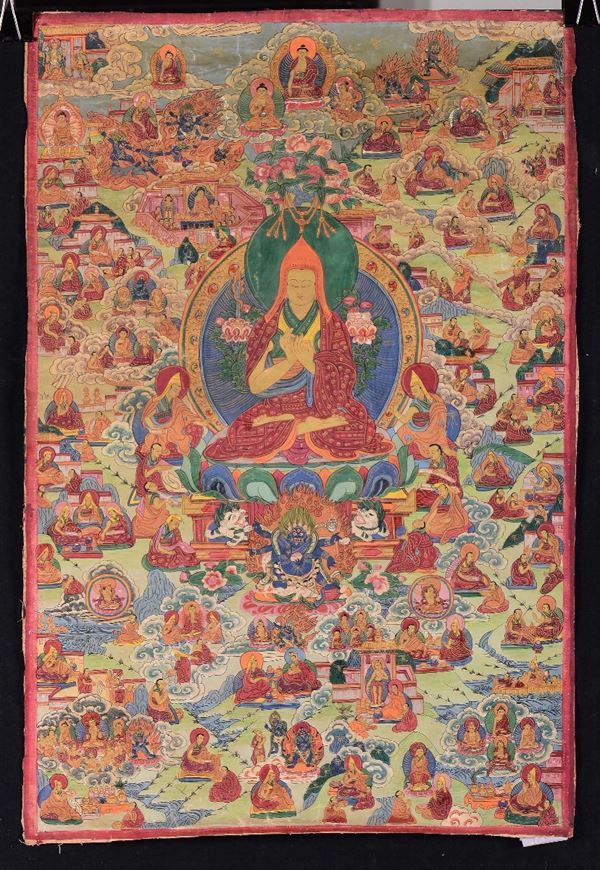 Tanka su carta con molte divinità e figura di Lama centrale, Tibet, XIX secolo