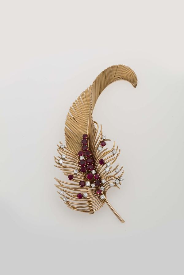 Feather brooch with diamonds and Burmese rubies mounted in yellow gold, Boucheron Paris