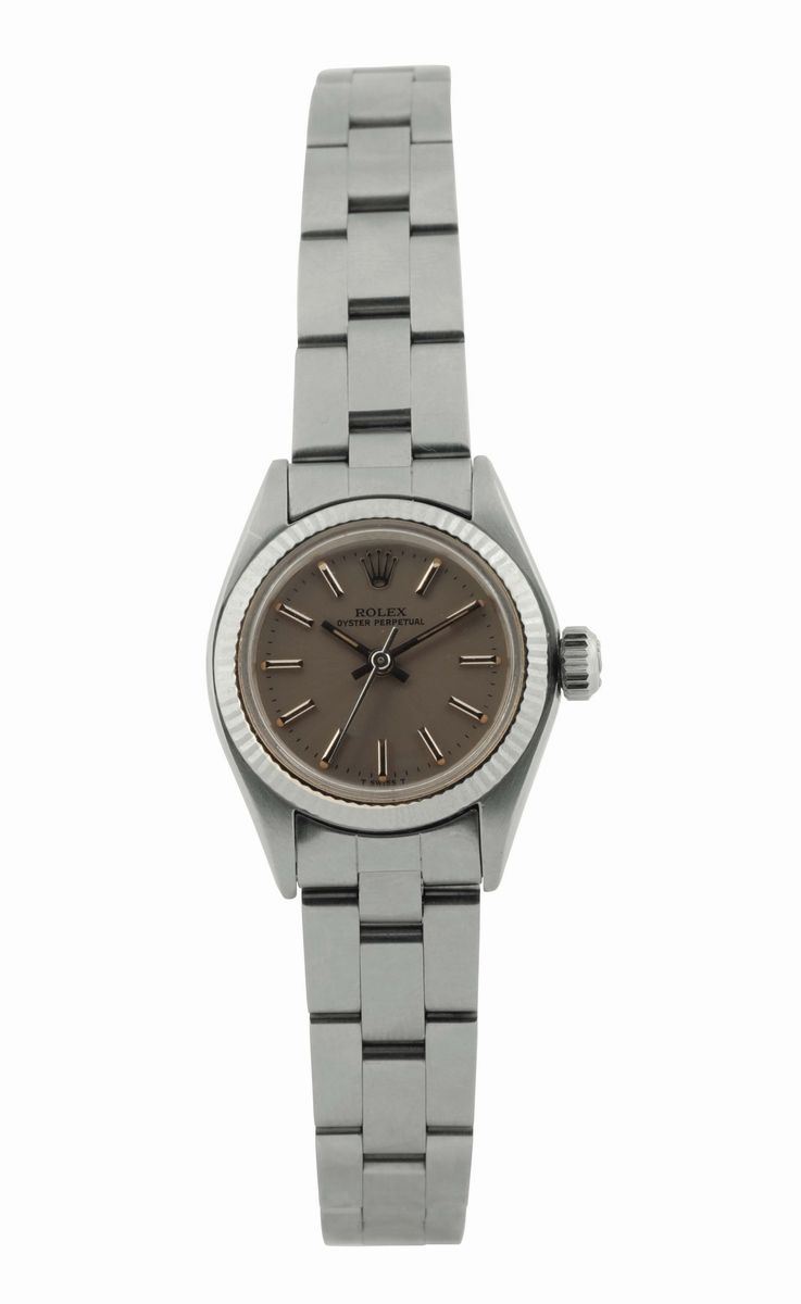 ROLEX, Oyster Perpetual, case No.3617651, Ref. 6719, center seconds, self-winding, water-resistant, stainless steel and 18K white gold lady's wristwatch with a stainless steel Rolex Oyster bracelet and deployant clasp. Accompanied by the original box. Made in 1974  - Auction Watches and Pocket Watches - Cambi Casa d'Aste