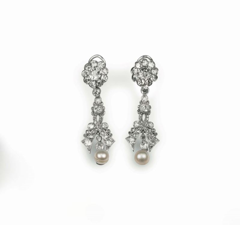 Pendant earrings with old-cut diamonds and pearls set in white gold  - Auction Fine Jewels - Cambi Casa d'Aste