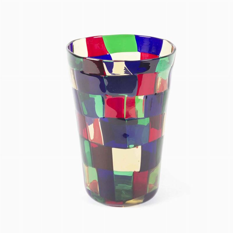 Venini, Fulvio Bianconi, 1980 ca. A cilindrical blown glass vase “Pezzato Parigi” series with a decor of multicolored tiles Pezzato vase  - Auction Murano, 20th Century. 150 Collectable Glasses - I - Cambi Casa d'Aste