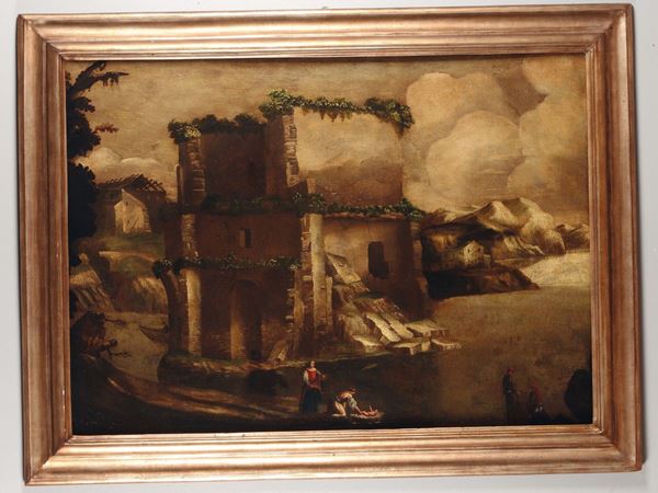 Antonio Travi (Sestri Ponente 1608 - Genova 1665), scuola di Paesaggio fluviale con rovine