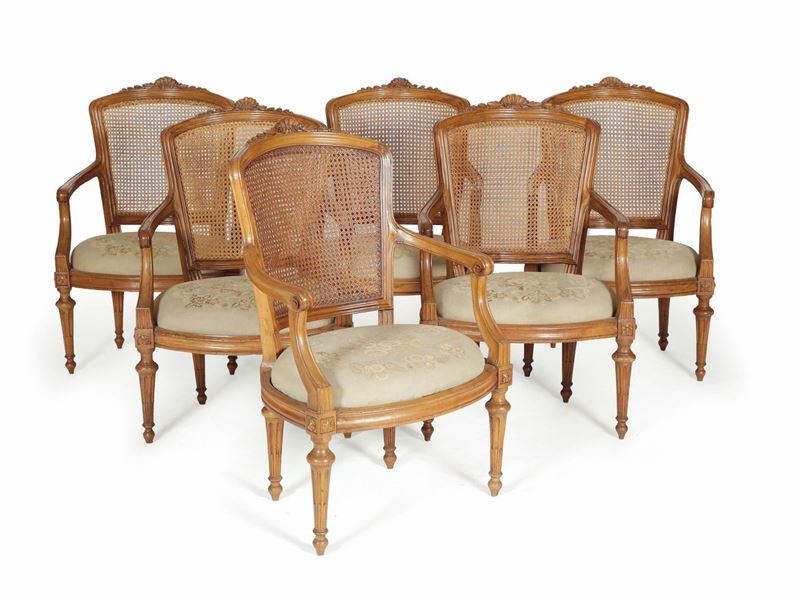 Sei poltrone Luigi XVI in legno intagliato, XVIII secolo  - Auction Fine Art - Cambi Casa d'Aste