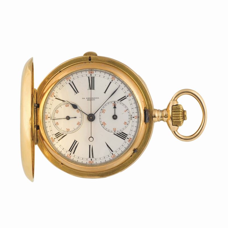LONGINES, La Esmeralda, Mexico, case No.647369, 18K yellow gold, chronograph hunting case, keyless pocket watch. Made circa 1900  - Auction Watches and Pocket Watches - Cambi Casa d'Aste