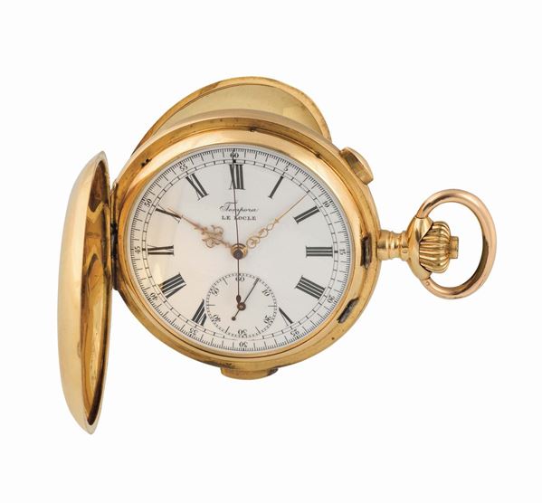 TEMPORA, Le Locle, QUARTER REPEATER & CHRONOGRAPH, case No. 123320, 18K gold hunting-cased keyless pocket watch with chronograph and quarter repeating. Made circa 1920