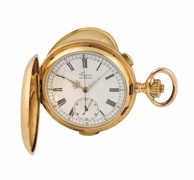 TEMPORA, Le Locle, QUARTER REPEATER & CHRONOGRAPH, case No. 123320, 18K gold hunting-cased keyless pocket watch with chronograph and quarter repeating. Made circa 1920  - Auction Watches and Pocket Watches - Cambi Casa d'Aste