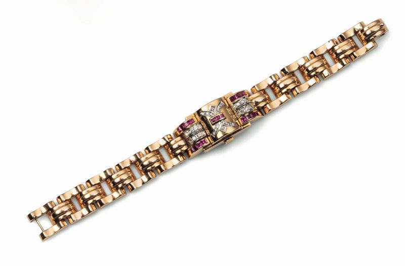 Jewel watch in yellow gold with a Rolex face, small diamonds and synthetic rubies  - Auction Fine Jewels - Cambi Casa d'Aste