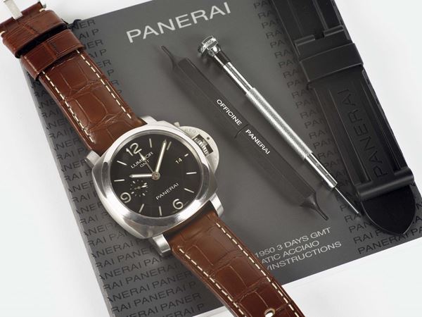 OFFICINE PANERAI, Firenze 1860, LUMINOR GMT STEEL , Ref. OP6901, Pam 320, large, cushion-shaped, self-winding, water resistant, stainless steel wristwatch with two time zones, date and Panerai buckle.  Accompanied by the original box, additional rubber strap, tools  and Guarantee
