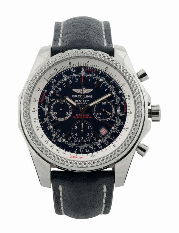 BREITLING FOR BENTLEY REF. A25362, Special Edition, large, self-winding, water-resistant, stainless steel chronometer wristwatch with round button chronograph, registers, tachometer, date, slide-rule with an original Breitling buckle.  Accompanied by the original box and instruction booklet