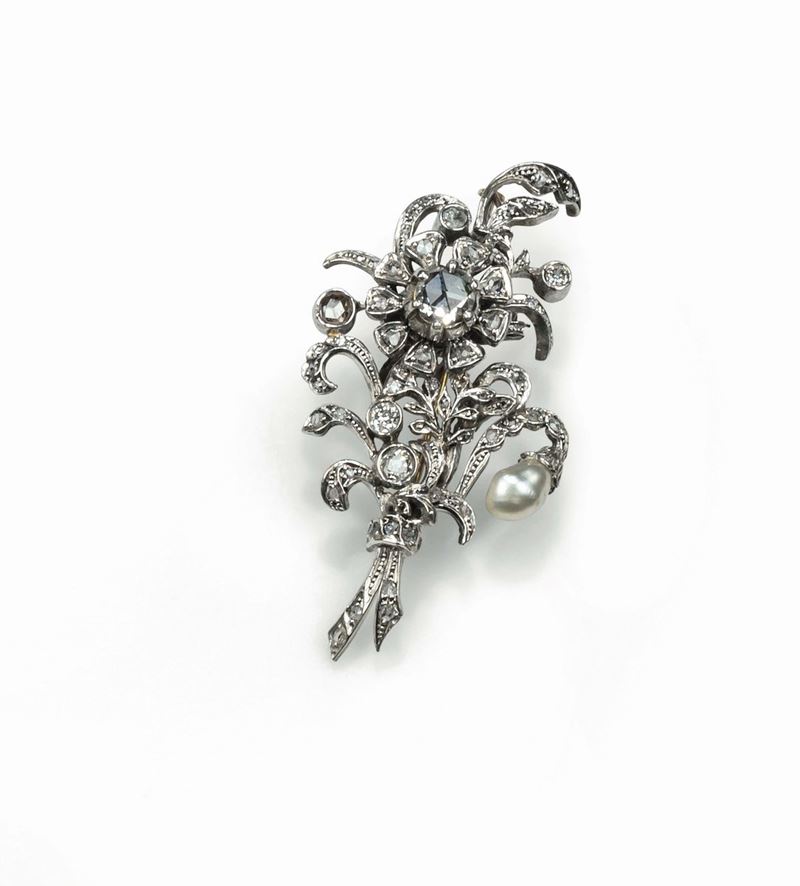 Brooch in silver with rose-cut diamonds and pearls   - Auction Fine Jewels - Cambi Casa d'Aste