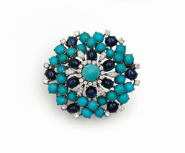 Turquoises, sapphires and diamonds brooch mounted in white gold