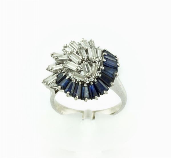 Baguette-cut diamond and sapphire ring