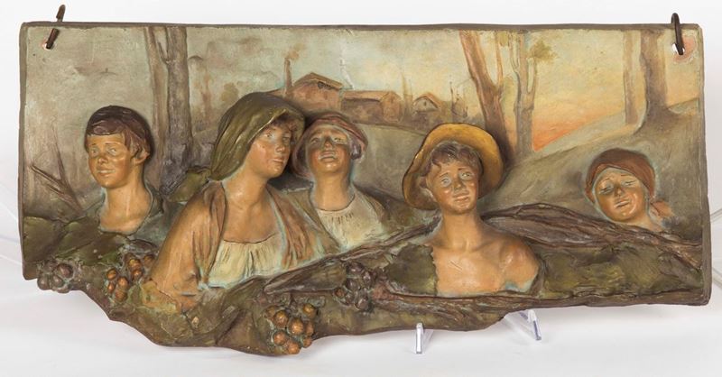 Altorilievo in terracotta policroma raffigurante Giorno di festa in campagna  - Asta Antiquariato - II - Cambi Casa d'Aste