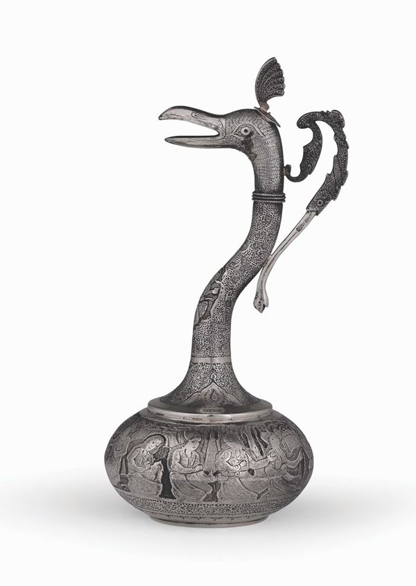 Versatoio zoomorfo in argento sbalzato, inciso e fuso, arte Ottomana Persia (?) XIX-XX secolo