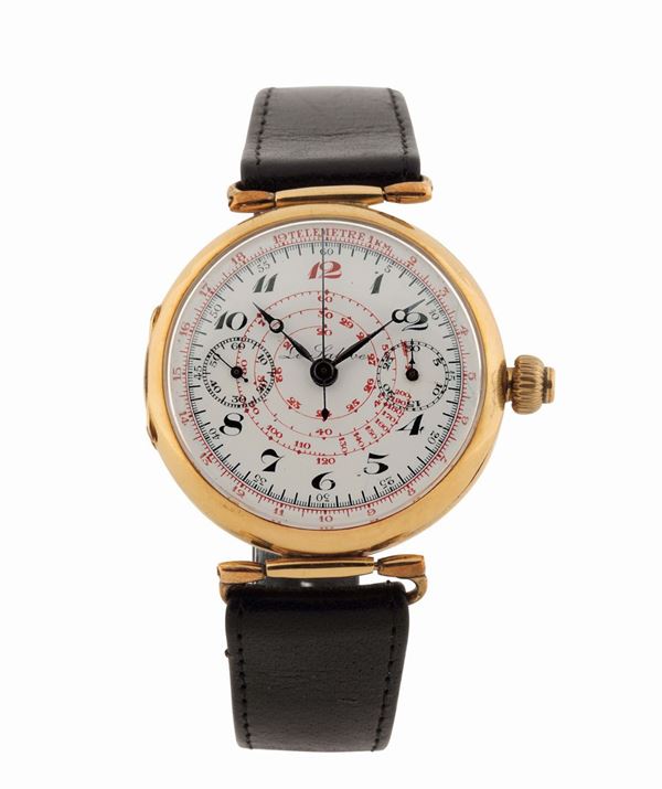 Le Saleve, raro orologio in oro giallo 18K con  singolo pulsante cronografico, scala tachimetrica e telemetrica. Realizzato nel 1920 circa
