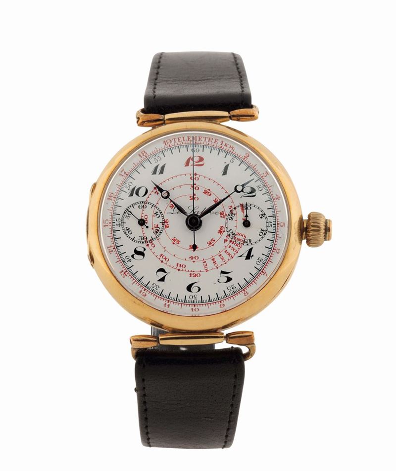 LE SALEVE, rare, oversized, 18K yellow gold wristwatch with cronograph, telemeter and tachometer scale. Made circa 1920  - Auction Watches and Pocket Watches - Cambi Casa d'Aste