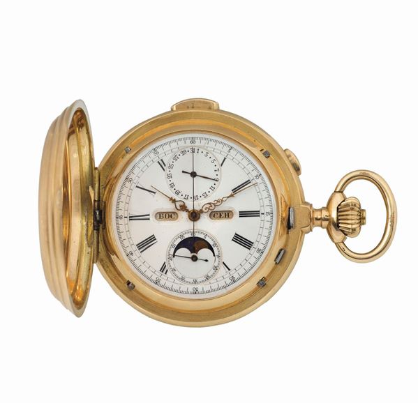 LE PHARE MINUTE-REPEATING TRIPLE CALENDAR, MOON PHASES & CHRONOGRAPH FOR THE RUSSIAN MARKET YELLOW GOLD. Made for the Russian market, circa 1910. Fine, large, hunting-cased, keyless, minute-repeating, 14K yellow  gold pocket watch with triple-date calendar, chronograph and moon phases. Case numbered, cuvette signed Le Phare.