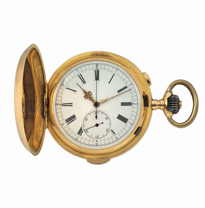 INVICTA, orologio da tasca, cronografo in oro giallo 18K con ripetizione dei minuti. Realizzato intorno al 1900.  - Asta Orologi da Polso e da Tasca - Cambi Casa d'Aste