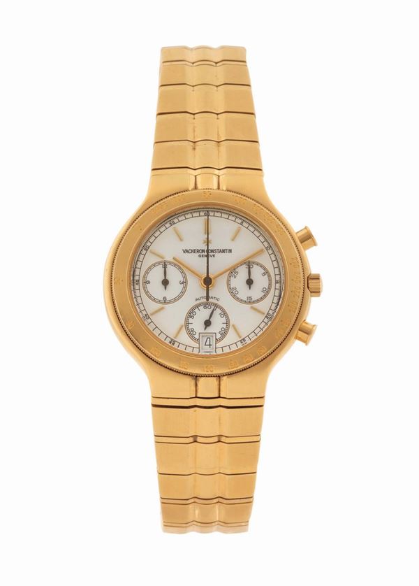 Vacheron Constantin, Genève,“Phidias Chronograph”, case No. 632896, fine, self-winding, water-resistant, 18K yellow gold wristwatch with round button chronograph, registers, tachometer, date and an integrated 18K yellow gold Vacheron Constantin bracelet with deployant clasp. Made circa 1990
