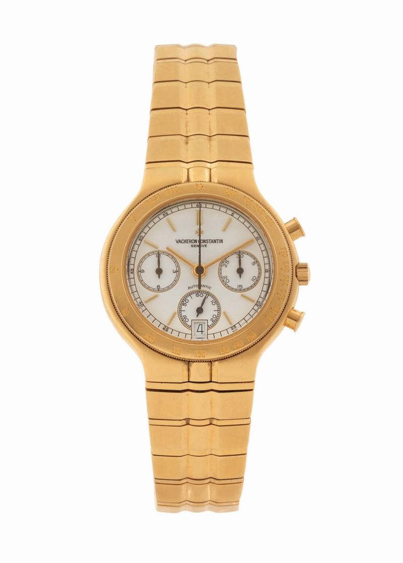 Vacheron Constantin, Genève,“Phidias Chronograph”, case No. 632896, fine, self-winding, water-resistant, 18K yellow gold wristwatch with round button chronograph, registers, tachometer, date and an integrated 18K yellow gold Vacheron Constantin bracelet with deployant clasp. Made circa 1990  - Auction Watches and Pocket Watches - Cambi Casa d'Aste