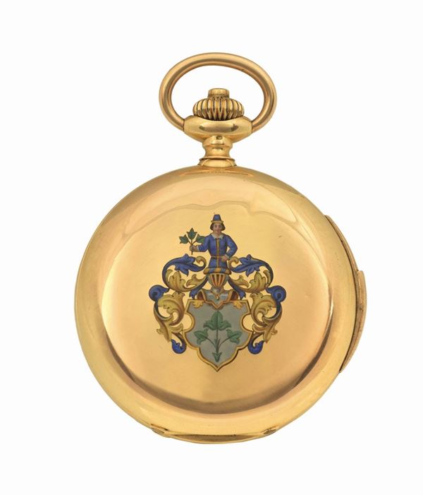 UNSIGNED, 18K yellow gold, keyless pocket watch with enamel and minute repeater. Made circa 1900