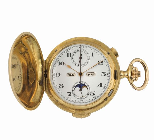 EBERHARD&CO, CHAUX DE FONDS, cassa No. 152170, orologio da tasca, in oro giallo 18K con cronografo, triplo calendario, fasi lunari e ripetizione dei quarti. Realizzato nel 1900 circa