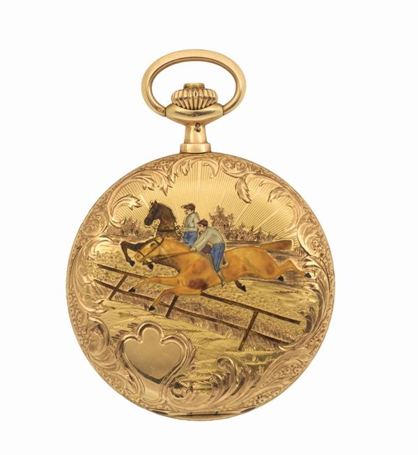 Louis Audemars, Geneve, 14K yellow gold hunting cased pocket watch with enamels. Made circa 1920