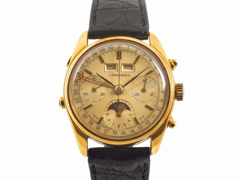 LONGINES, 18K yellow gold chronograph wristwatch with triple calendar and moon phase with original buckle. Made circa 1960  - Auction Watches and Pocket Watches - Cambi Casa d'Aste