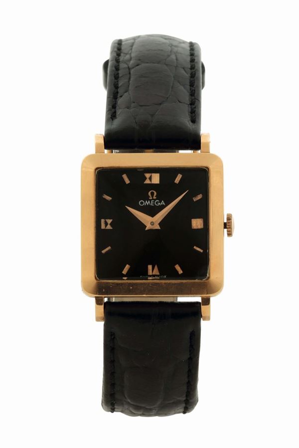 OMEGA, CARREE' CIOCCOLATINO, case No. 350513, 18K yellow gold wristwatch. Made circa 1958