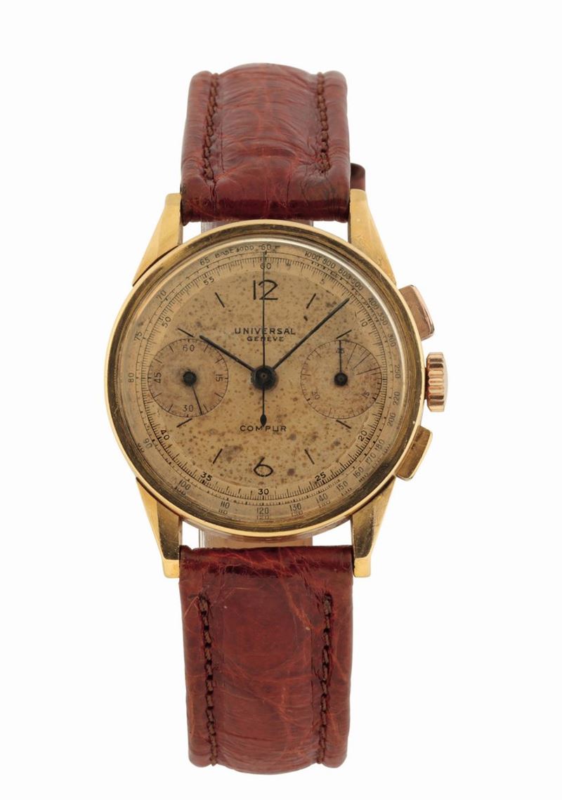 UNIVERSAL, Geneve, COMPUR, Ref.12420, 18K yellow gold chronograph wristwatch. Made circa 1940  - Auction Watches and Pocket Watches - Cambi Casa d'Aste