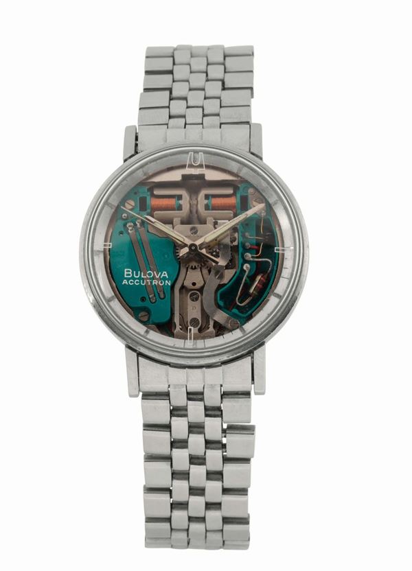 BULOVA ACCUTRON, stainless steel wristwatch with original steel bracelet. Accompanied by the original box. Made in 1967