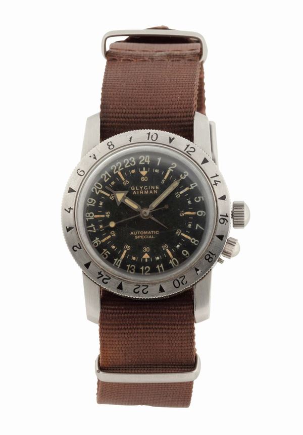 GLYCINE AIRMAN 24-HOUR DIAL, case No. A 36230, stainless steel, two time zone, centre second, self-winding, water-resistant military wristwatch. Made circa 1950