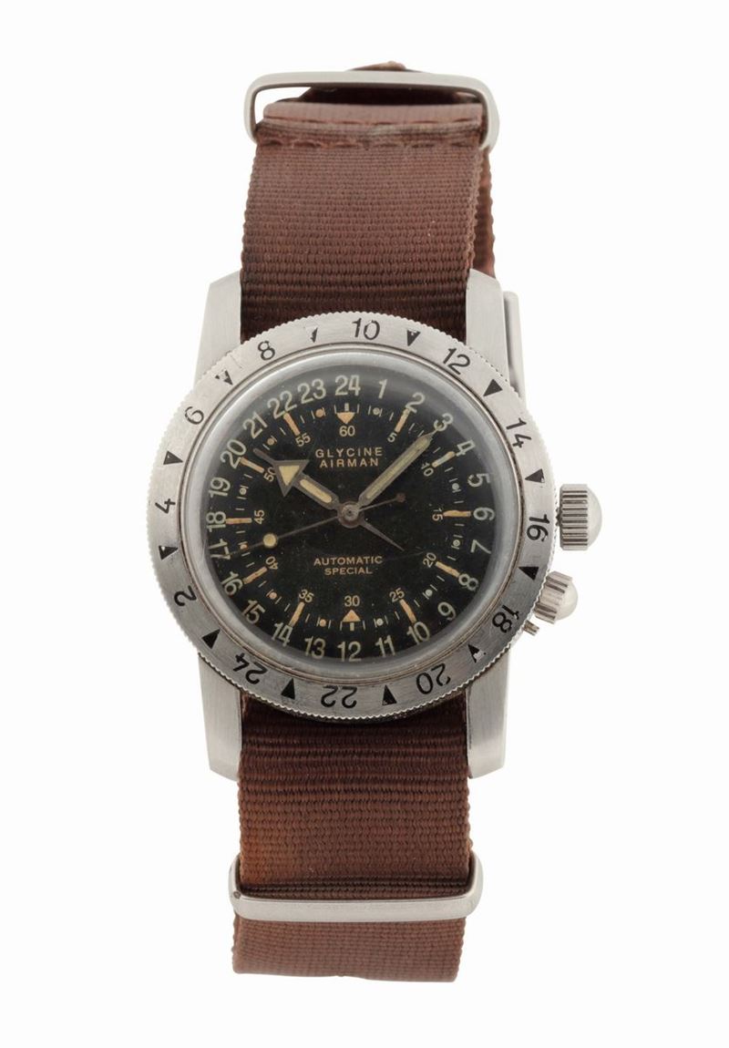 GLYCINE AIRMAN 24-HOUR DIAL, case No. A 36230, stainless steel, two time zone, centre second, self-winding, water-resistant military wristwatch. Made circa 1950  - Auction Watches and Pocket Watches - Cambi Casa d'Aste