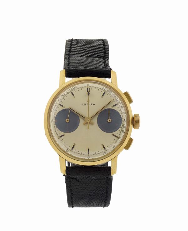 ZENITH, 18K yellow gold chronograph wristwatch with original buckle. Made circa 1960