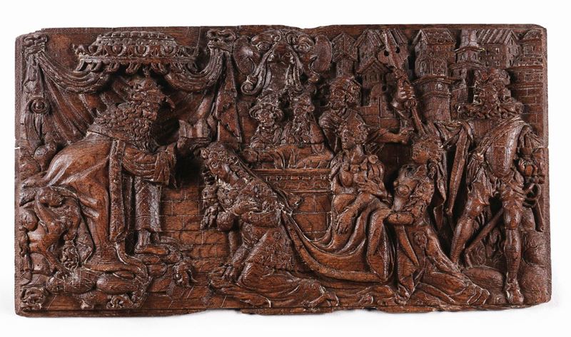Pannello in legno intagliato raffigurante Re Salomone e la regina di Saba, XVIII-XIX secolo  - Asta Asta a Tempo Scultura - Cambi Casa d'Aste