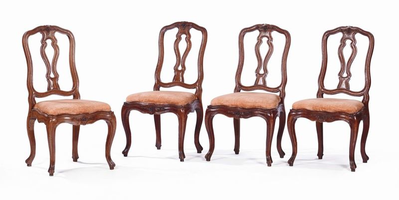 Quattro sedie in noce Luigi XV, Genova XVIII secolo  - Auction Important Furniture and Works of Art - Cambi Casa d'Aste