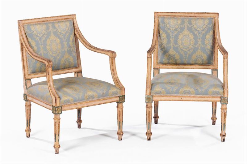 Coppia di poltrone Luigi XVI laccate, fine XVIII secolo  - Auction Important Furniture and Works of Art - Cambi Casa d'Aste