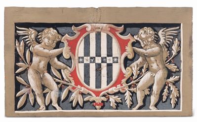 Coppia di Pannelli in Legno Dipinto con Stemma Affiancato da Putti Alati, XIX Secolo
