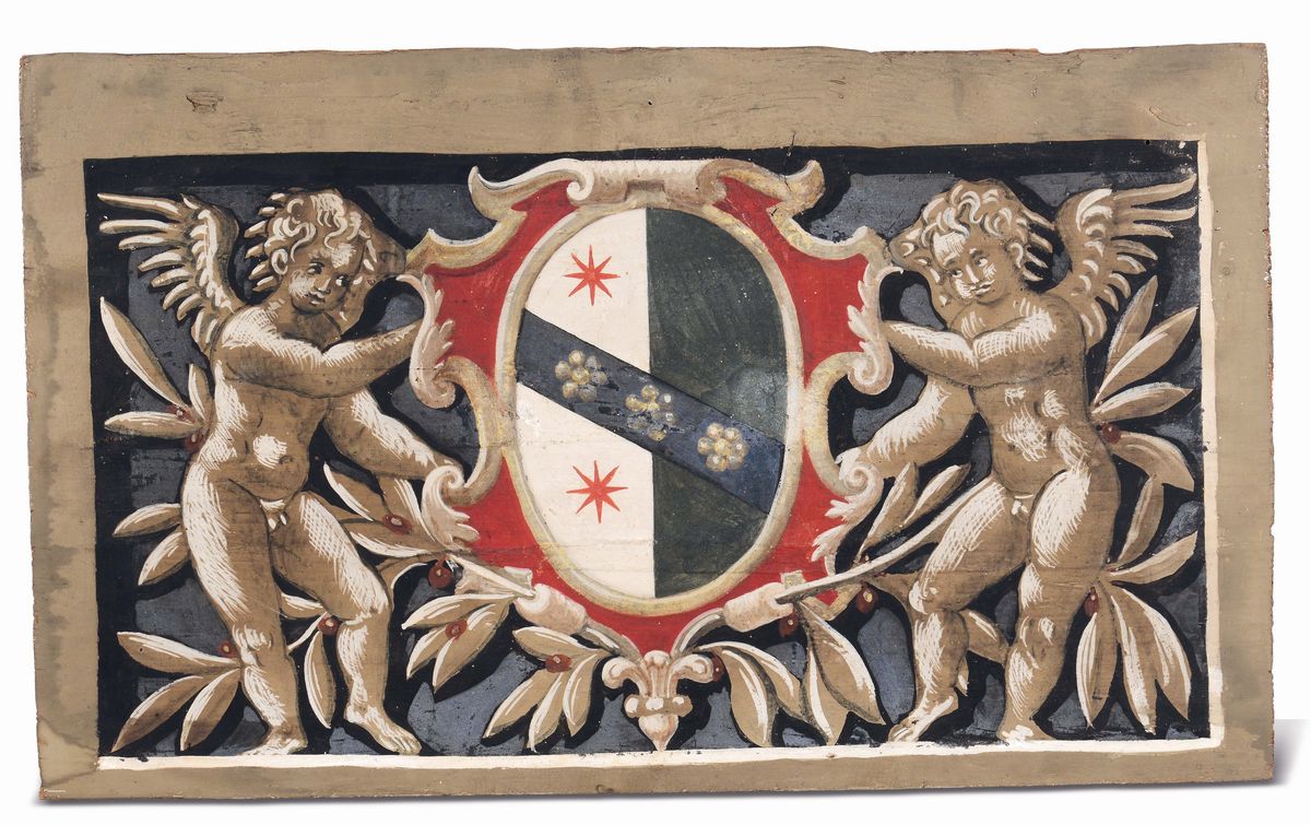 Coppia di Pannelli in Legno Dipinto con Stemma Affiancato da Putti Alati, XIX Secolo