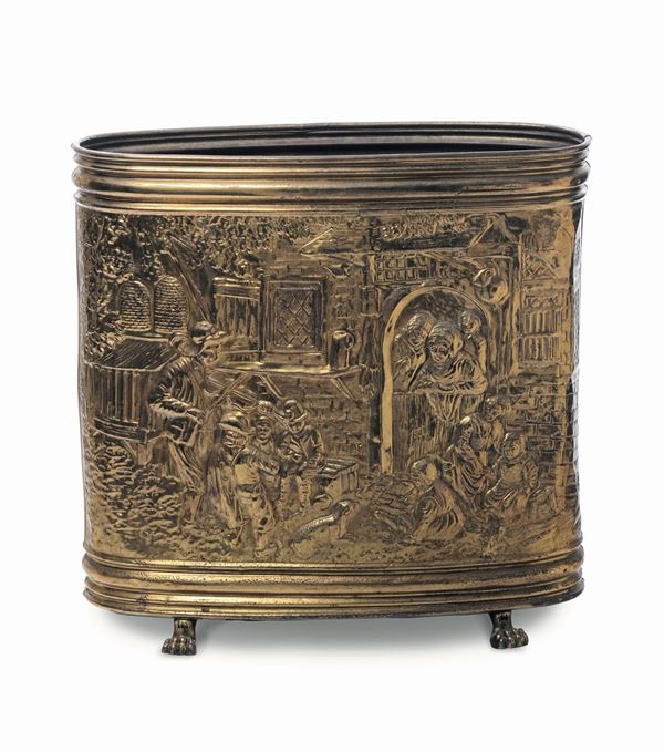 Portariviste in metallo sbalzato con scene di villaggio, XIX-XX secolo