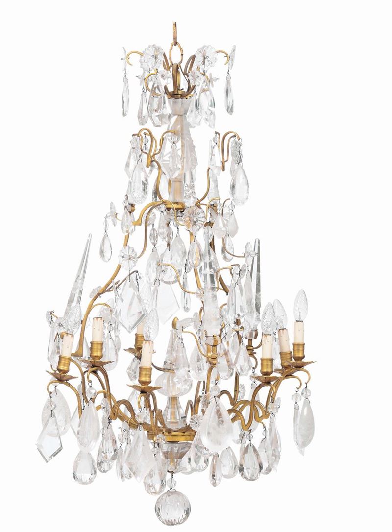 Lampadario a nove luci in metallo dorato e cristalli di rocca, XIX secolo  - Asta Importanti Arredi e Oggetti d'Arte - Cambi Casa d'Aste